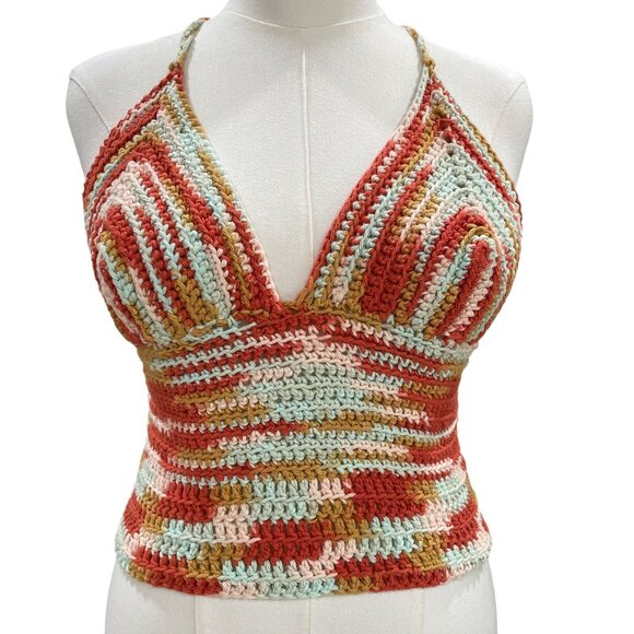 Crochet Halter Top Y2K Festival Boho Striped Knit Backless Summer Top Handmade - Picture 4 of 8